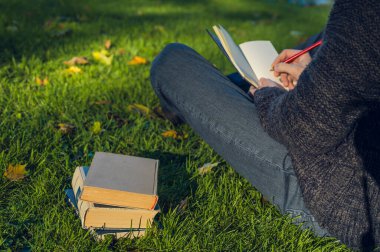 Öğrenci parkta çimlerin üzerinde oturuyor ve notlar alıyor. Bir yığın kitap. Arkaplanda gölet.