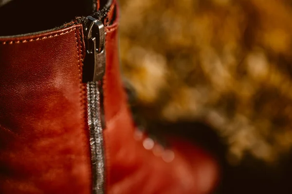 Höstens Kvinnliga Mode Närbild Blixtlås Vinröda Läderskor Kängor Vintagestil Solljus — Stockfoto