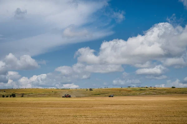 美しい風景 農業機械 収穫者は畑で働いている 曇った空 — ストック写真