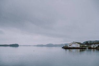 Bulutlu bir günde sisli fiyordun manzarası. Norveç 'in doğası. Hafrsfjord, Stavanger.
