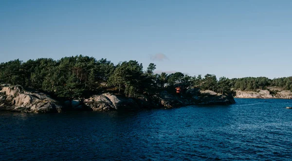 Krajobraz Drzew Skalistych Wyspach Lusefjord Rejs Fiordzie Turystyka Norwegii Piękna — Zdjęcie stockowe