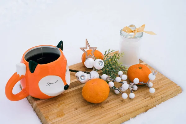 Winter Composition Tangerines Candle Mug Hape Fox Decorative Twig Wooden — Stock Photo, Image