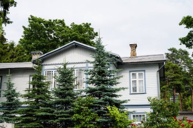 Modern exterior of private house near forest. High spruces in garden.