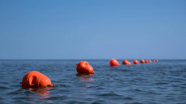 Orange Floating Buoys Sea Human Life Saving Concept Blue Sky — 图库照片