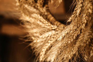 Close-up of wreath of spikelets. Boho style. Ripe wheat. Harvest.