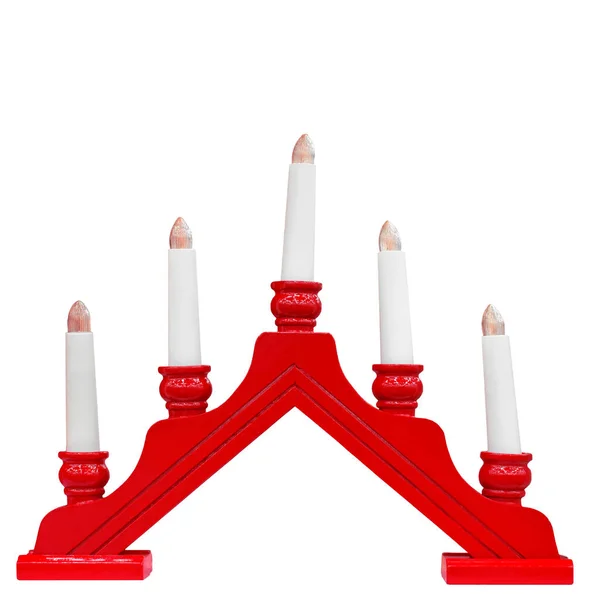 圣诞蜡烛被白色背景隔离 新年电力蜡烛 五支蜡烛放在红色的木架上 白色的蜡烛假日属性 好舒服灯 — 图库照片