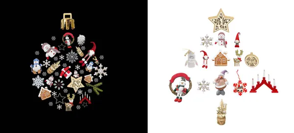 Siyah beyaz arka planda izole edilmiş figürlerin Noel koleksiyonu. Noel balosu ve Noel ağacı konsepti. Yeni yıl koleksiyonu. Yılbaşı eşyaları yeni yıl kutlaması şeklinde serilmiştir.