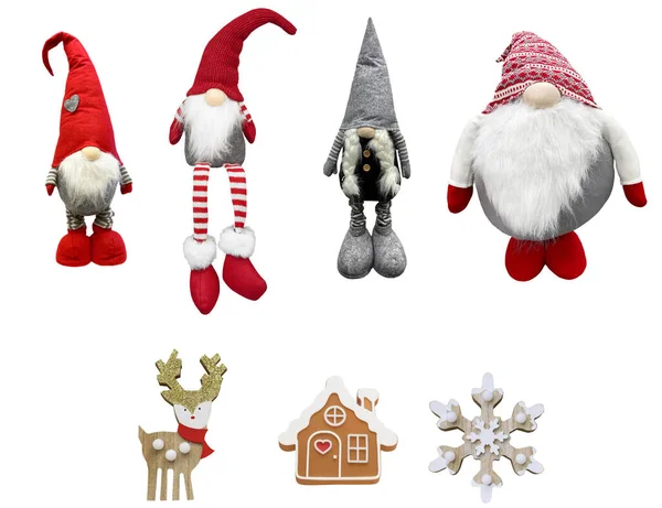Tasarım şablonu için Noel süslemeleri koleksiyonu. Yukarıdan bak. Düz kat. Noel cücesi, kar, figür, elf. Yeni yıl koleksiyonu.