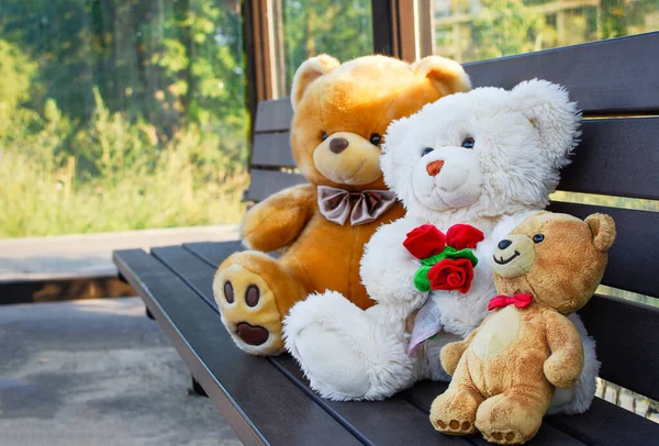 Teddy Bear Family Bus Stop Adventure Lifestyle Toys Outdoor — Stock Photo, Image