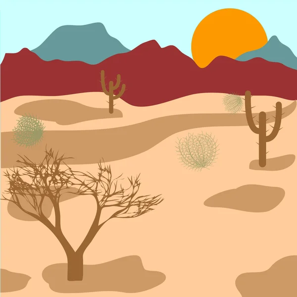 Desierto, montañas, cactus y arbustos — Vector de stock