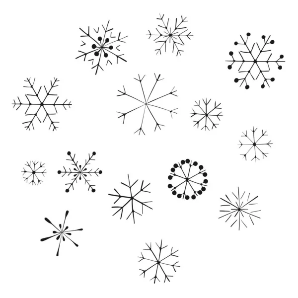 Ein Satz Schneeflocken, von Hand gezeichnet. Winterliche Weihnachtsdekoration — Stockvektor