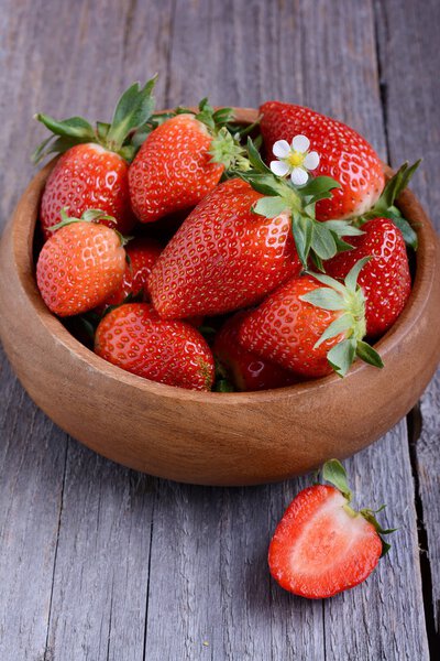 Strawberries in a wooden bowl