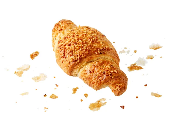 Friss Sült Vaj Zúzott Mandula Dió Reggeli Croissant Morzsák Repül — Stock Fotó