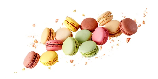 French Sweet Colorful Mixed Cookies Macarons Macaroons Crumbs Flying Isolated — Stock Photo, Image