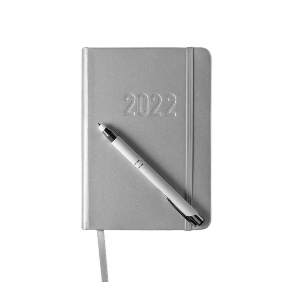 Zilveren Leren Dagboek Organizer Met Nummer 2022 Pen Geïsoleerd Witte — Stockfoto