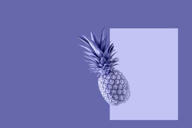 Taze sulu tropikal meyve ananası uçuşu menekşe arka planda izole. Koca bir ananas düşüyor. Moda renginde yaratıcı kart 2022 Çok Peri.