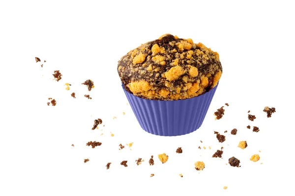 Färsk Bakad Choklad Citron Enda Muffin Violett Form Och Smulor — Stockfoto