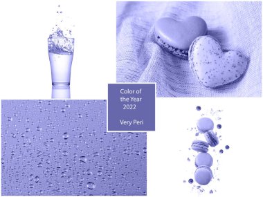 Kolaj kartı modada 2022 menekşe rengi Çok Peri. Su sıçratmalı su bardağı, beyaz arka planda izole edilmiş kırıntılı uçan badem kurabiyesi. Tekstil üzerine kalp makaronları ve cam üzerine su damlaları.