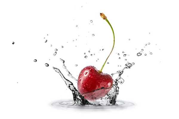 Fresh Single Cherry Berry Flying Falling Splashing Water Isolated White — Foto de Stock