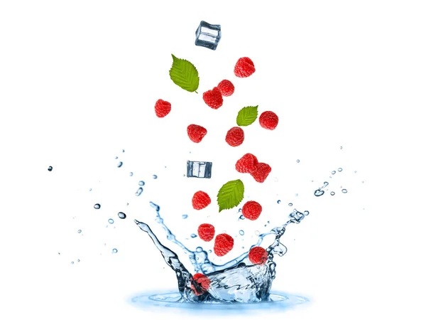 Fresh Raspberry Berries Leaves Ice Cubes Flying Falling Splashing Water — Stockfoto