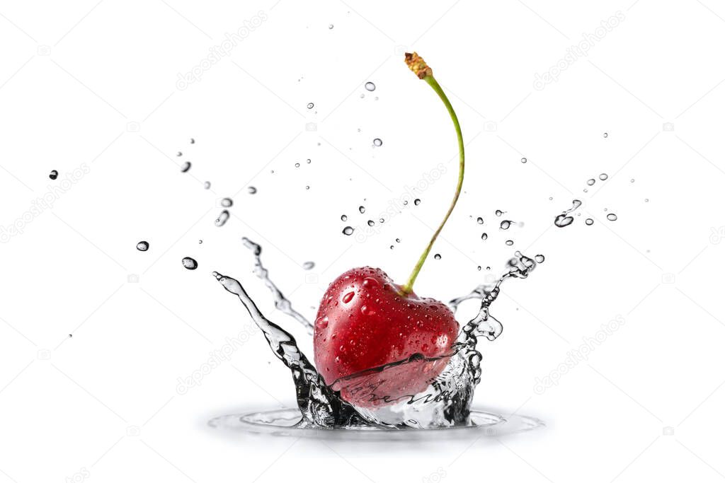 Fresh single cherry berry flying falling in splashing water isolated on white background.