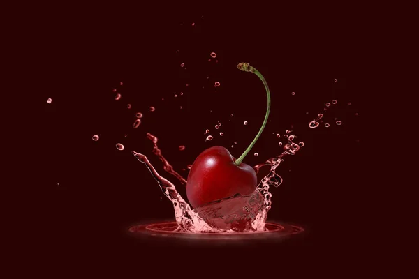 Fresh Cherry Berry Flying Falling Splashing Water Juice Isolated Dark — Foto de Stock