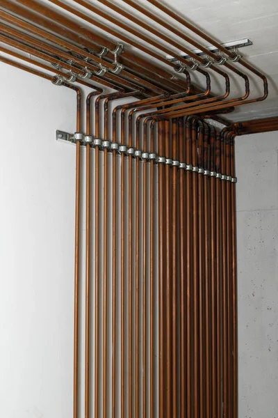 Lot Water Pipes System Basement Residential House Old Plumbing Pipes — Stock fotografie