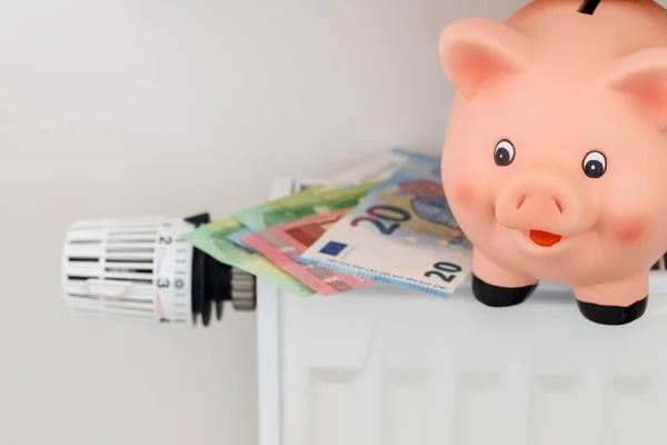 Piggy bank and euro money banknotes on heating radiator with temperature control regulator. Selective focus on pink piggy. Expensive and rising heating costs and savings energy concept