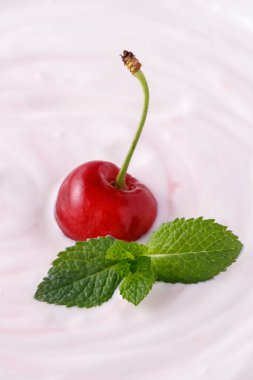 Sütlü puding ya da vişneli yoğurt ve yakın plan nane yaprağı. Sağlıklı vitaminler ve mineral gıdaları.