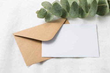 Beyaz keten arka planda aromalı okaliptüs dalı olan eski kahverengi bir zarf. Düğün ya da doğum günü kartpostalının fotokopi alanı ile kutlanması