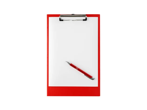 Rood Klembord Met Blanco Wit Papier Pen Geïsoleerd Witte Achtergrond — Stockfoto