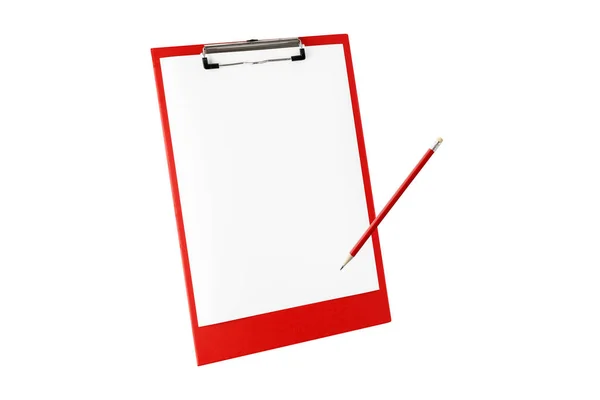 红色剪贴板 空白白色A4纸和木制石墨铅笔在白色背景上隔离飞行 — 图库照片