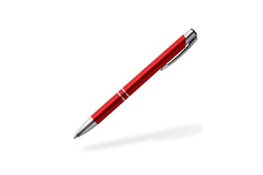 Kırmızı kalem beyaz arka planda izole bir şekilde uçuyor. Gölgeli metal top kalem