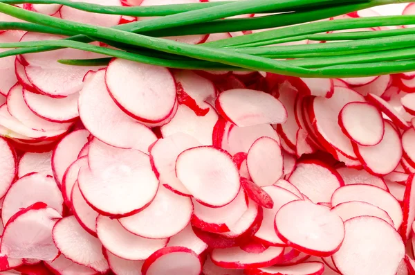 Garden radish the cut and green onions — Stock Photo, Image