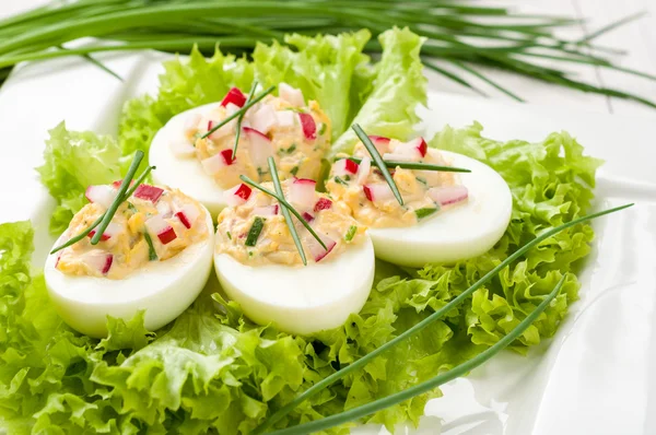 Jajka faszerowane na sałacie z Udekorować szczypiorkiem — Zdjęcie stockowe