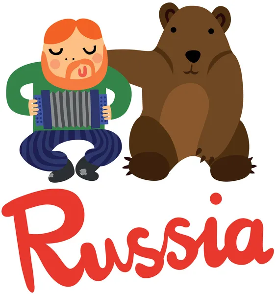Divertente uomo russo e un orso — Vettoriale Stock