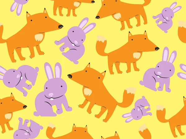 Cute Fox and Rabbit  Yellow Pattern — Stock Vector