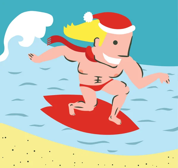 Christmas Surfer in the Sea — Stock Vector