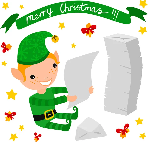 Elfo de Navidad Leyendo Cartas de Niños — Vector de stock