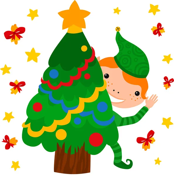 Elf dressing up kerstboom — Stockvector