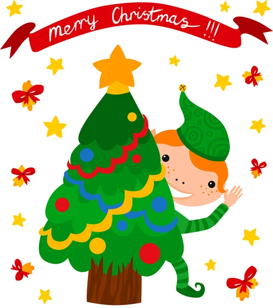 Elf Noel ağacı dışarı bakıyor — Stok Vektör