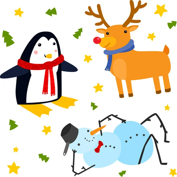 Renne, bonhomme de neige et pingouin — Image vectorielle