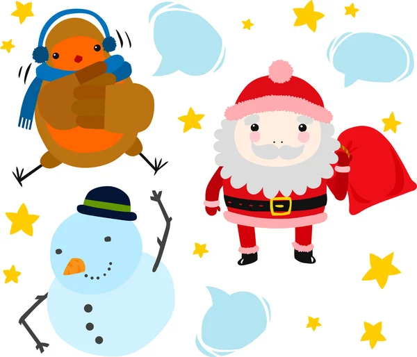 Santa, Robin and Snowman — Stock Vector