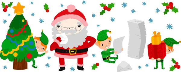 圣诞老人阅读待办事项列表和他的小精灵助手 — 图库矢量图片