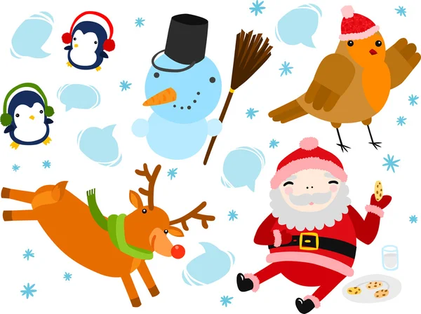 Santa, Robin, Reindeer, Penguins and Snowman Stock Illustration