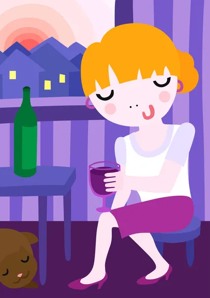 Chica joven con una copa de vino — Vector de stock