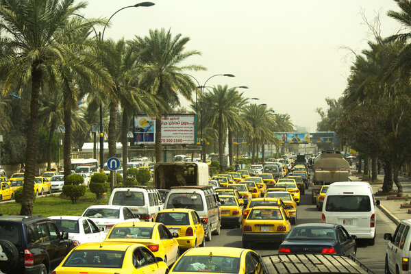 Queues of cars on the streets of Baghdad