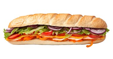 Long baguette sandwich with lettuce, slices of fresh vegetables, clipart