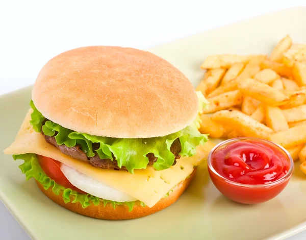 Cheeseburger, fries and ketchup — Stock Photo, Image