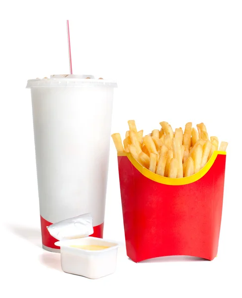 French fries with cheese sauce and a large drink — Stock Photo, Image